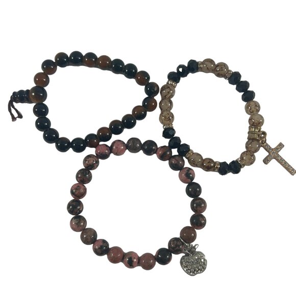 Lot 3 Stretch Bracelets Brown Stone Apple Cross Charm Rhinestones Beaded - Picture 4 of 9